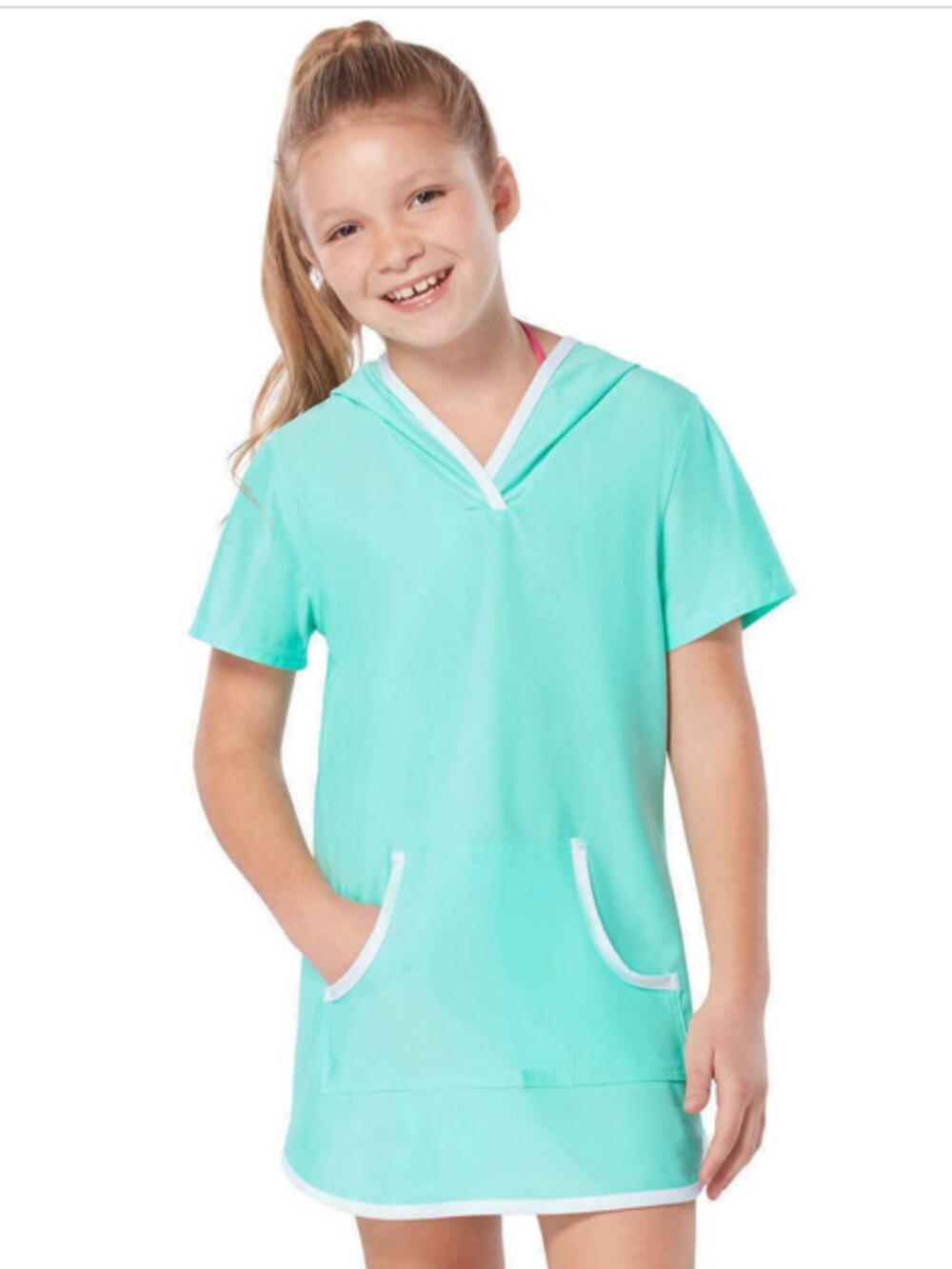 Free Country Youth Girl's Swim Sun Mesh Hooded Kangaroo Cover Up SPEARMINT XS